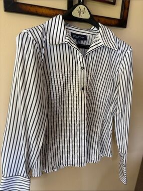 Jones New York Black and White Striped Pintuck Button-Up Shirt